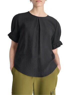 DKNY Black Short-Sleeve Blouse with Pleat and Ruffle Cuffs